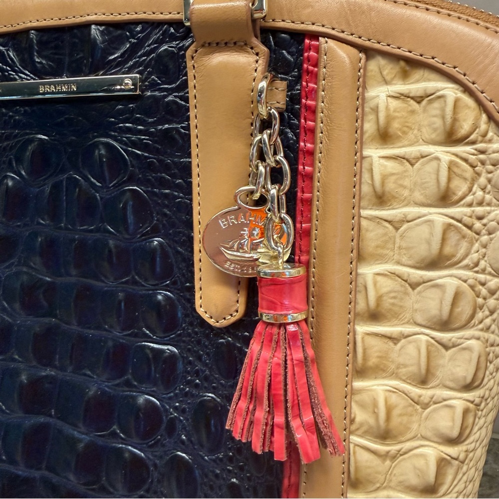 Brahmin Croc-Embossed Dome Satchel - Navy, Beige, Tan & Red Matching Wallet - Picture 5 of 16